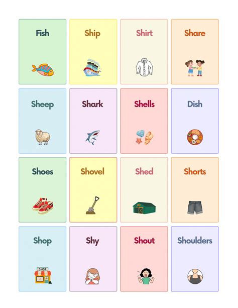 Consonant Digraphs SH Sound Words with Pictures Worksheet PDF