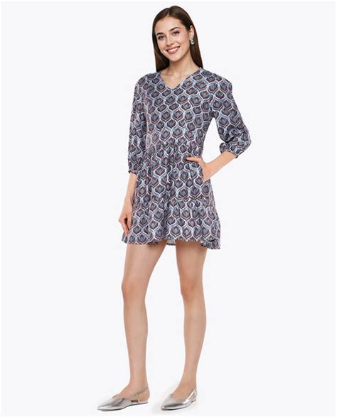 Rareism Women Thecon Blue Bishop Sleeves V-Neck Zipper Closure Fit And