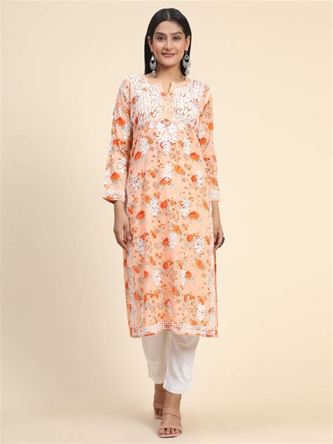 Samma Mul Printed Hand Embroidery Chikankari Kurta- Orange - House Of ...