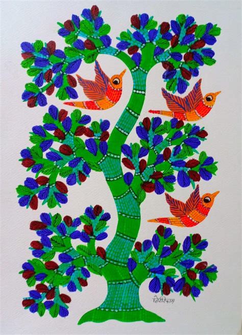 "Birds 7": Yellow Green Gond Traditional_Art by Choti Gond Artist ...