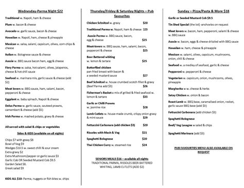 Menu at Toolleen Hotel & Tin Shed pub & bar, Toolleen