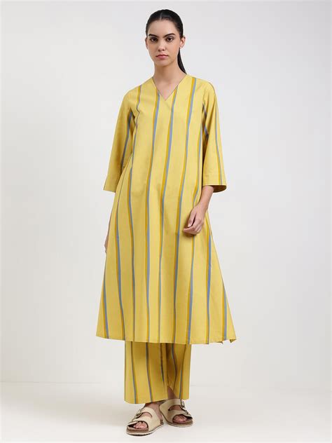 Buy Yellow Cotton Striped A Online | Pink Fort