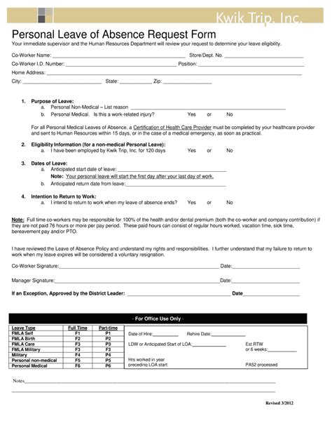 Kwik Trip Inc Personal Leave of Absence Form - Fill Online, Printable ...