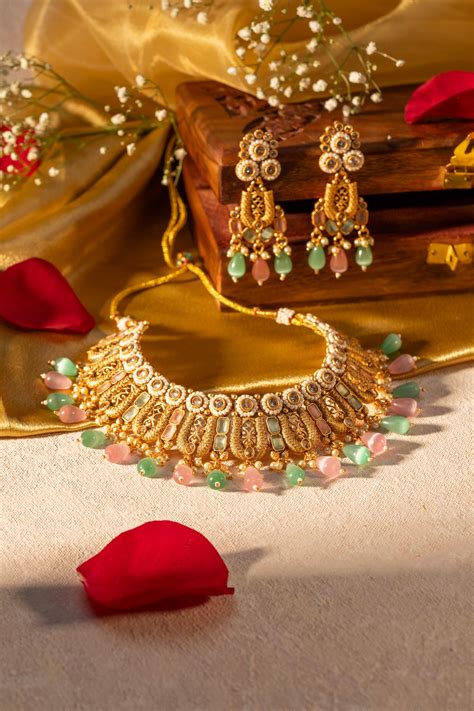 Gold Pastel Pink & Mint Green Temple Jewellery Set | Necklace | The JWEL