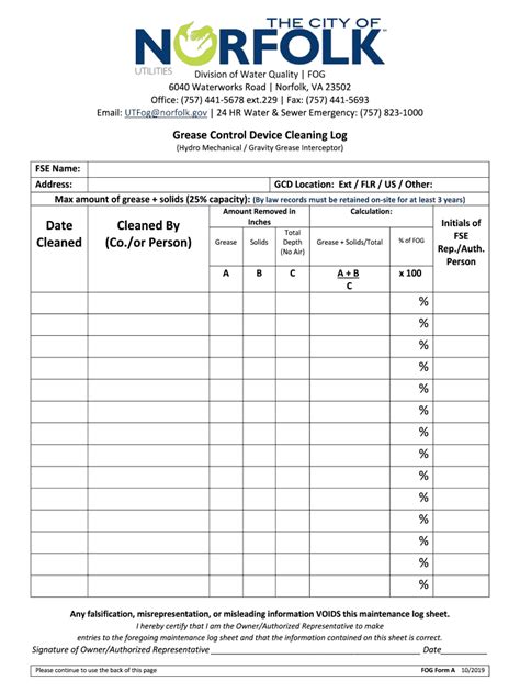 Fillable Online City of Norfolk Grease Control Device Cleaning Log Fax ...