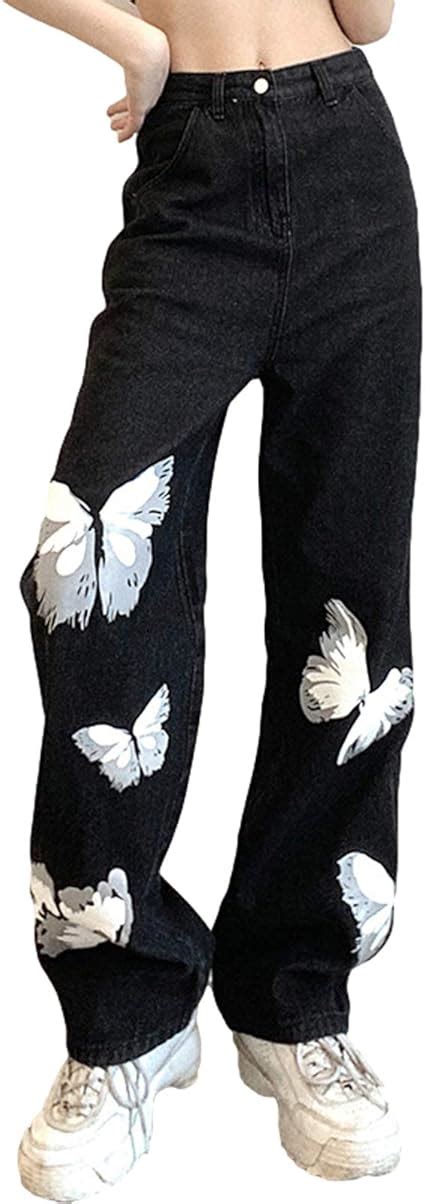 Buy Womens Straight Jeans High Waist Zipper Butterfly Print Wide Leg ...