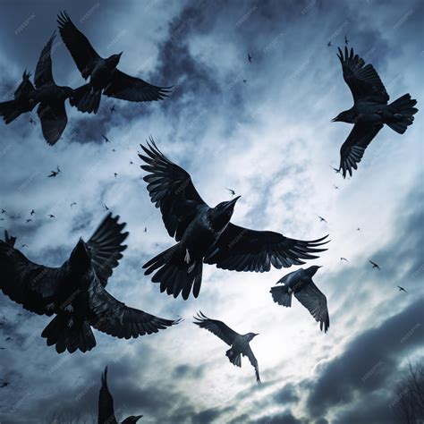Premium Photo | Large flock of crows on moody sky generative ai