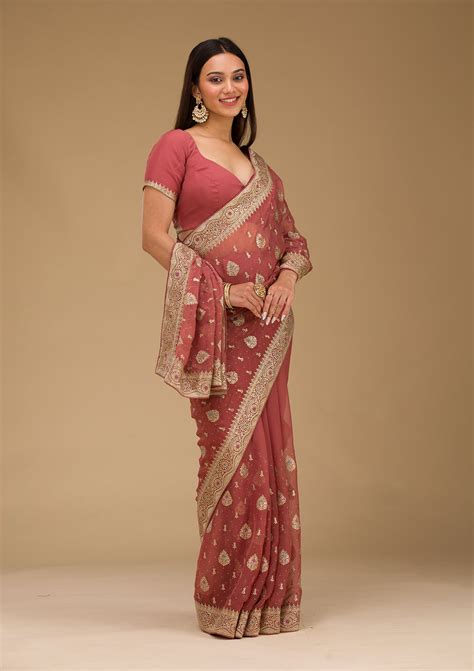 Buy Rust Zariwork Chiffon Saree - Koskii