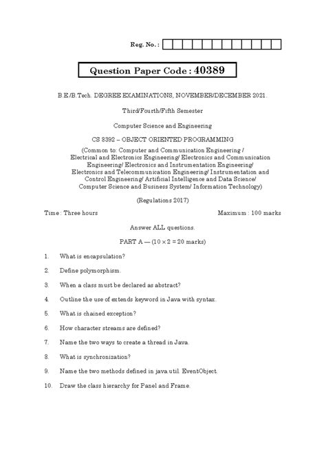 QP-OOPS-CS3391 - OBJECT ORIENTED PROGRAMMING EXAM PAPER (2021) - Studocu