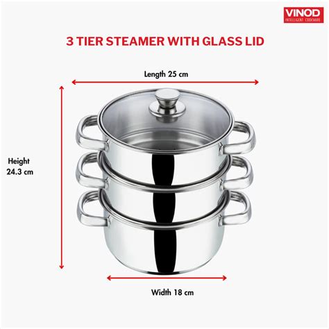 Buy VINOD Stainless Steel 3-Tier Steamer with Lid - 18cm from Vinod at ...