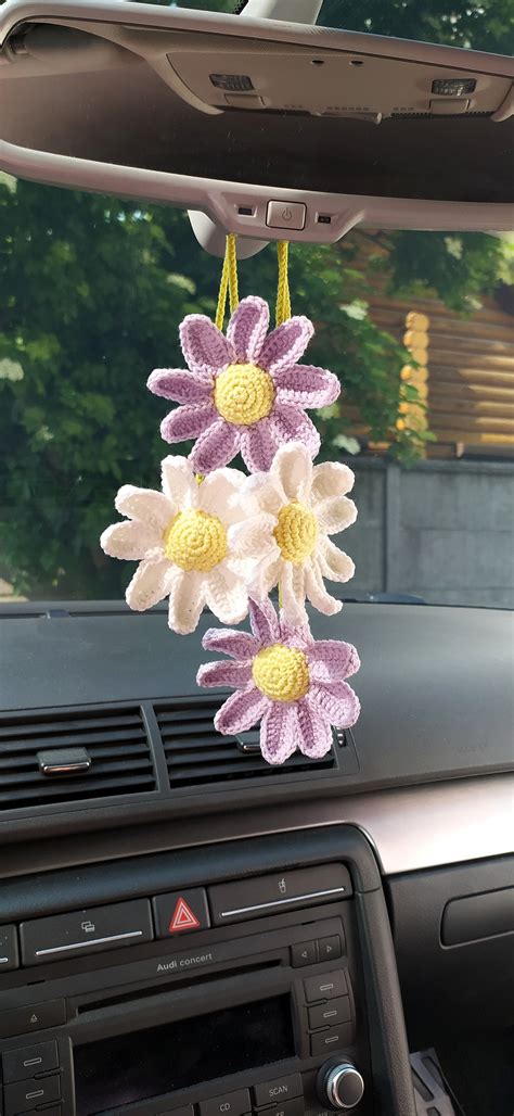 Crochet Daisy Car Mirror Accessories, Cute Car Decoration for Women, Teens Interior Rear View ...