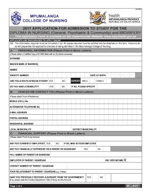 2015 Form ZA Mpumalanga College of Nursing MCON 001 - Blank Fillable ...
