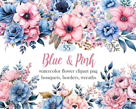 Blue and Pink Flower PNG, Watercolor Pink Blue Floral Clipart, Flower ...