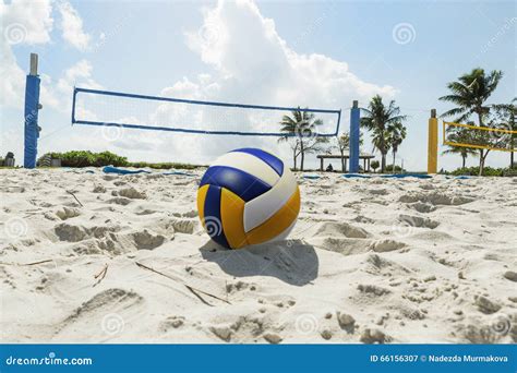 A Beach Volleyball Net on a Sunny Beach, with Palm Trees Stock Image ...