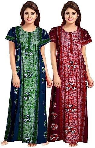 Buy Keyocean Women's Cotton Maxi Nighty Gown (Pack of 2) Maroon & Green ...