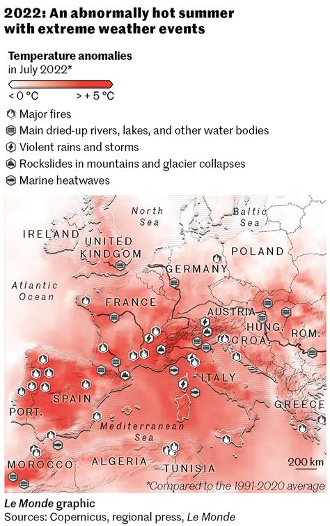 Map of Europe and the Mediterranean's summer 2022 temperatures and extreme weather events