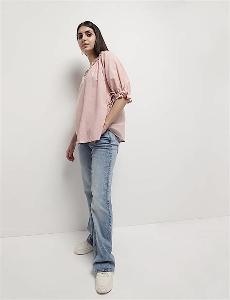 Buy Linen Rich Ruffled Neck Blouson Top at Marks & Spencer