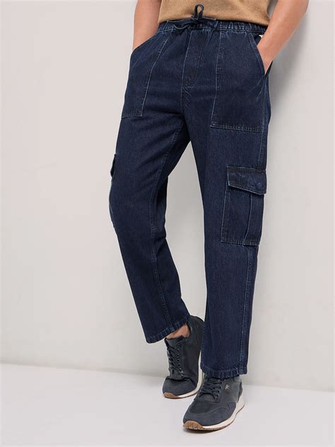 Shop Blue Mid-Rise Elasticated Waist Baggy Fit Cargo Jeans Online ...