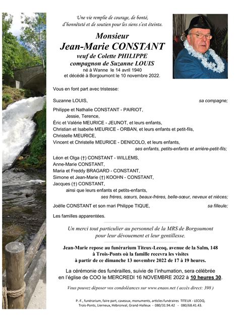 Décès de Monsieur Jean-Marie CONSTANT (10-11-22), Annonce nécrologique