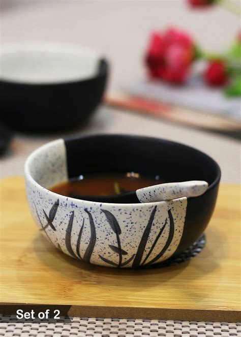 Get Hand Painted Black And White Ceramic Soup Bowl with Spoon - Set of ...