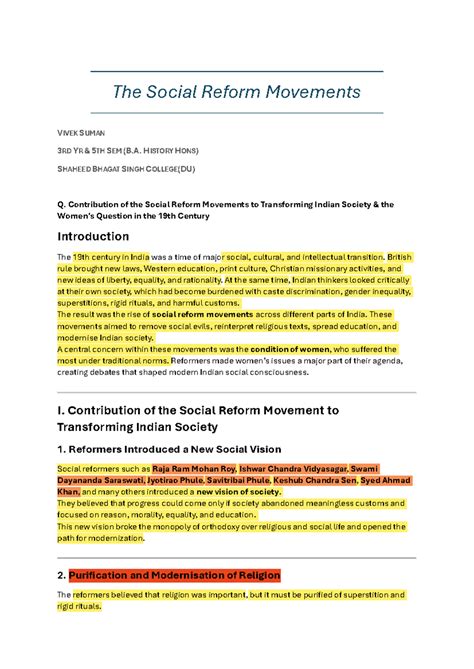 The Social Reform Movements in 19th Century India - B.A. History Hons ...