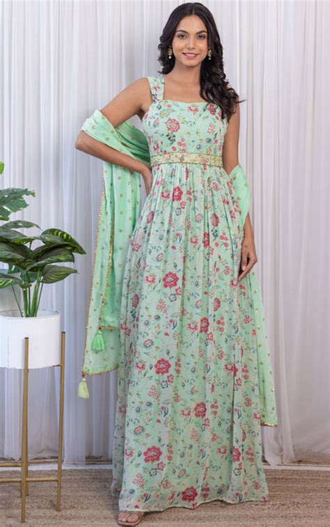 Sage Green Handwork Printed Georgette Anarkali with Embellished Belt