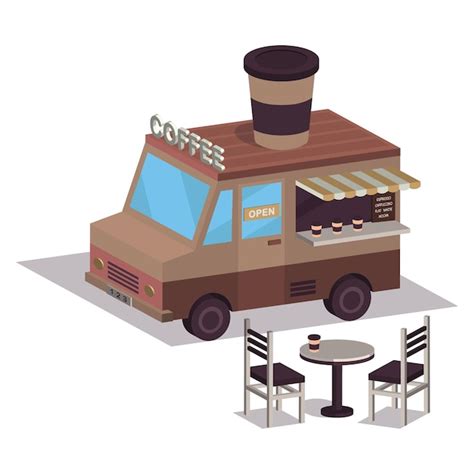 Isometric coffee shop van in illustration and vector | Premium Vector