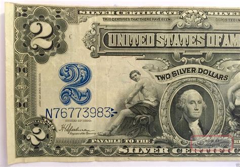 1899 Two Dollar Silver Certificate, Blue Label, $2 Large Note Bill S/h