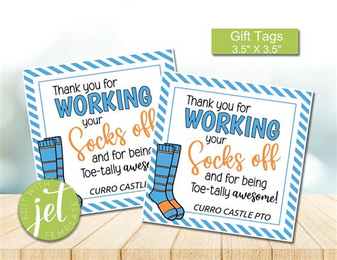 Editable Sock Gift Tags, Thank You for Working Your Socks Off, Thank ...