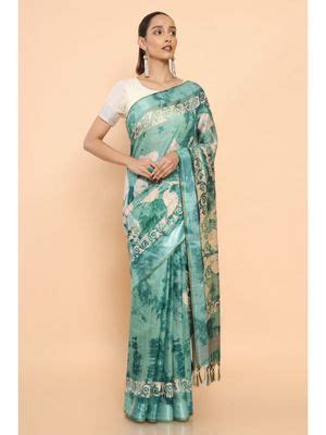 Buy Soch Women Green Chanderi Printed Saree with Unstitched Blouse Online