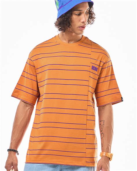 Buy Men's Orange Icon Striped Oversized T-shirt Online at Bewakoof