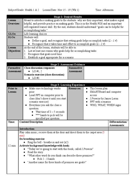 Image result for Learning Goal Lesson Plan Example