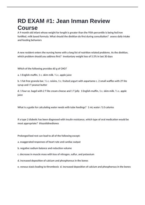 RD EXAM #1: Jean Inman Review Course 2025. 100 Questions and answers ...