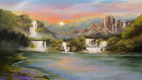 Download wallpaper 2560x1440 waterfall, river, sunset, birds, landscape ...