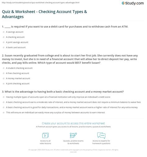 Quiz & Worksheet - Checking Account Types & Advantages | Study.com