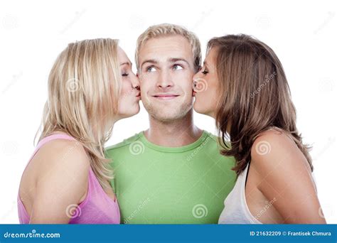 Man Being Kissed by Two Girls Stock Image - Image of attractive, young ...