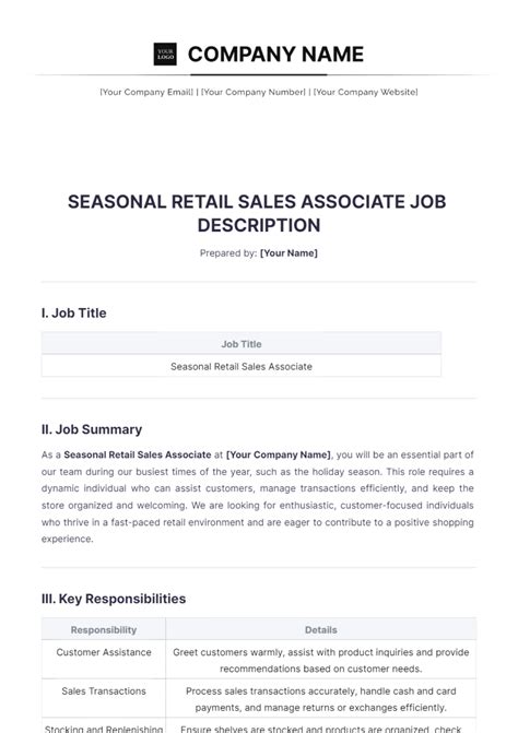 Free Seasonal Retail Sales Associate Job Description Template - Edit Online & Download ...