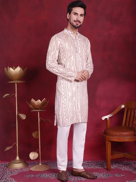 Men's Bandhani Printed Kurta with Pyjama ( JOKP 5016 Cream ) – Jompers ...