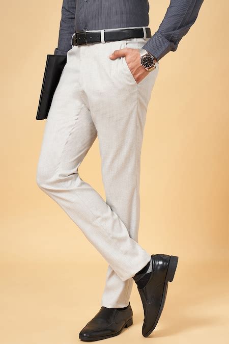 Silver Solid Full Length Mid Rise Formal Men Slim Fit Casual Trousers ...