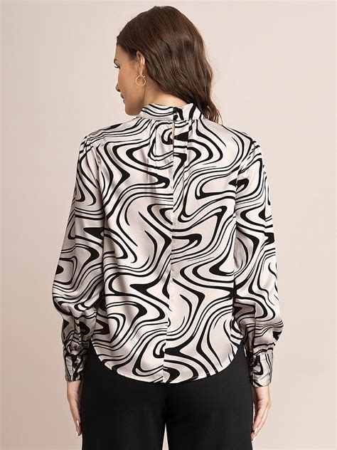 Buy Beige And Black Satin Abstract Print Top Online | FableStreet