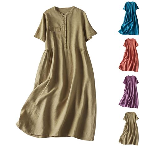 Aboser Cotton Linen Casual Dresses for Women Summer Short Sleeve T ...