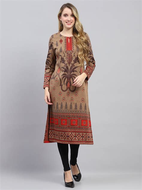 Buy Women Camel Brown Self Design Round Neck Full Sleeve Winter Kurti ...