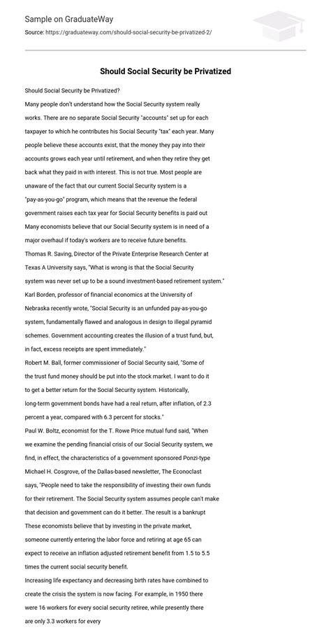 ⇉Should Social Security be Privatized? Essay Example | GraduateWay