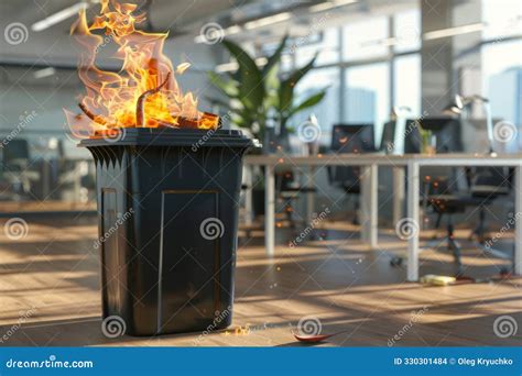 Burning Paper in a Trash Can in a Modern Office Environment. Conceptual ...
