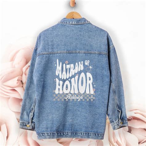 Retro groovy matron of honor gift personalize name denim jacket zazzle ...