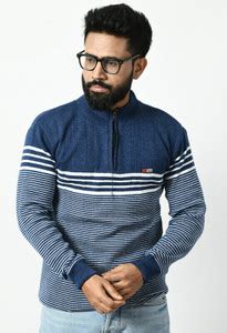 WoolCraft Striped Round Neck Casual Men Blue Sweater - Buy WoolCraft ...