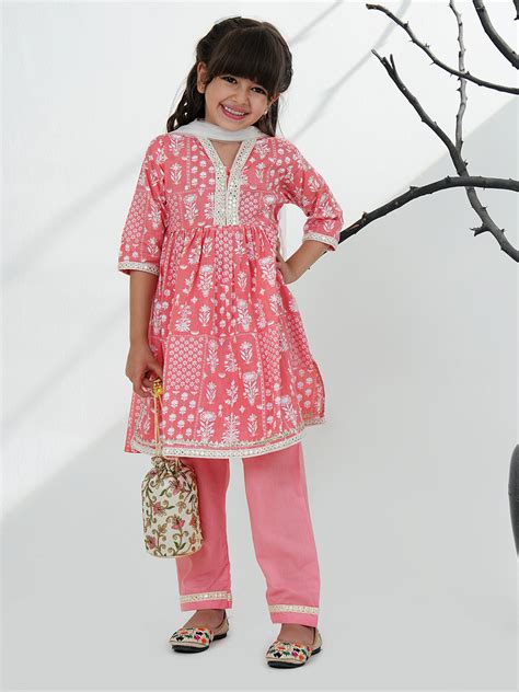 Aj Dezines Pink Cotton 3/4th Sleeves Floral Printed with Lace Girls Su ...