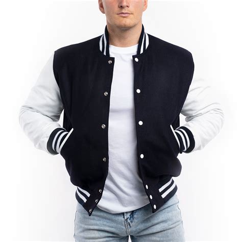 Varsity Base Men Jacket Navy Blue Wool Bright White Leather Sleeves ...