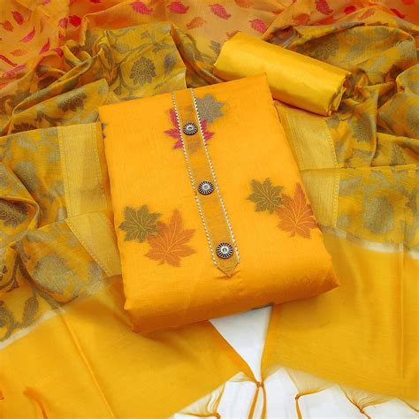 Yellow Woven Banarasi Silk Dress Material
