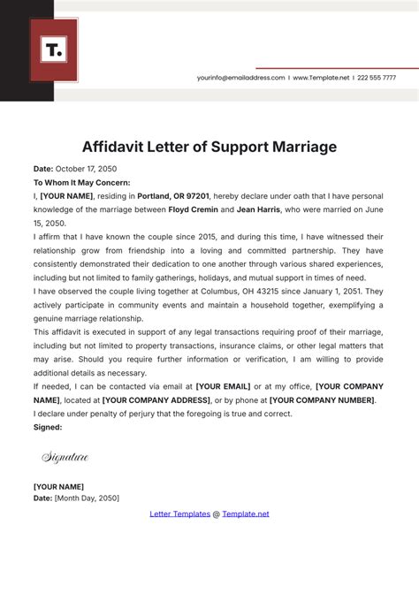 Free Affidavit Letter of Support Marriage Template to Edit Online